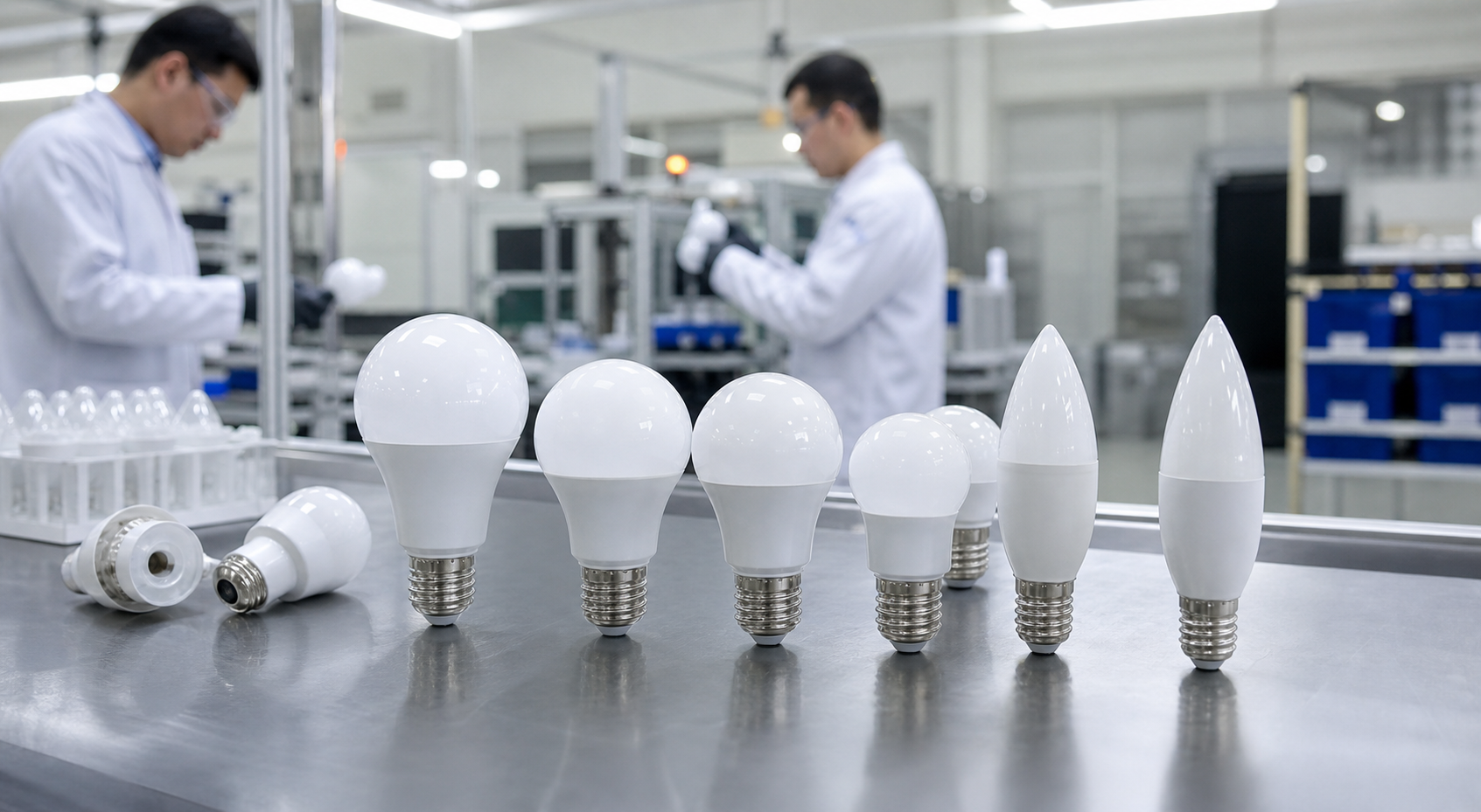 LED bulb manufacturing quality inspection table with multiple bulb shapes in a modern factory