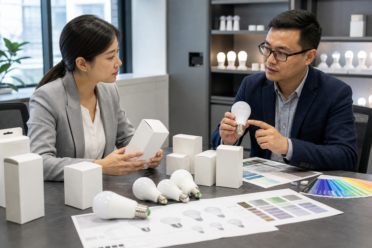 OEM LED bulb private label packaging discussion with sample boxes and product mockups