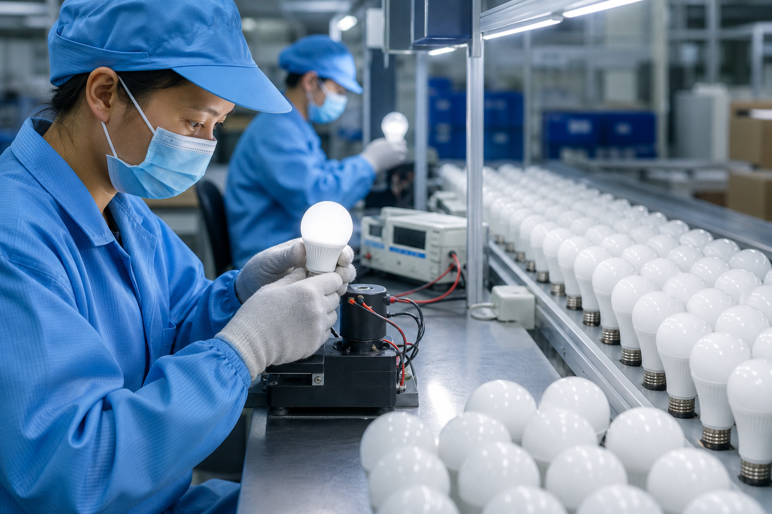 Technicians inspecting LED bulbs with testing equipment in a quality control area