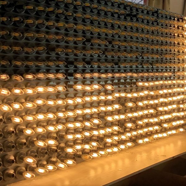 LED filament bulbs undergoing a full lighting test