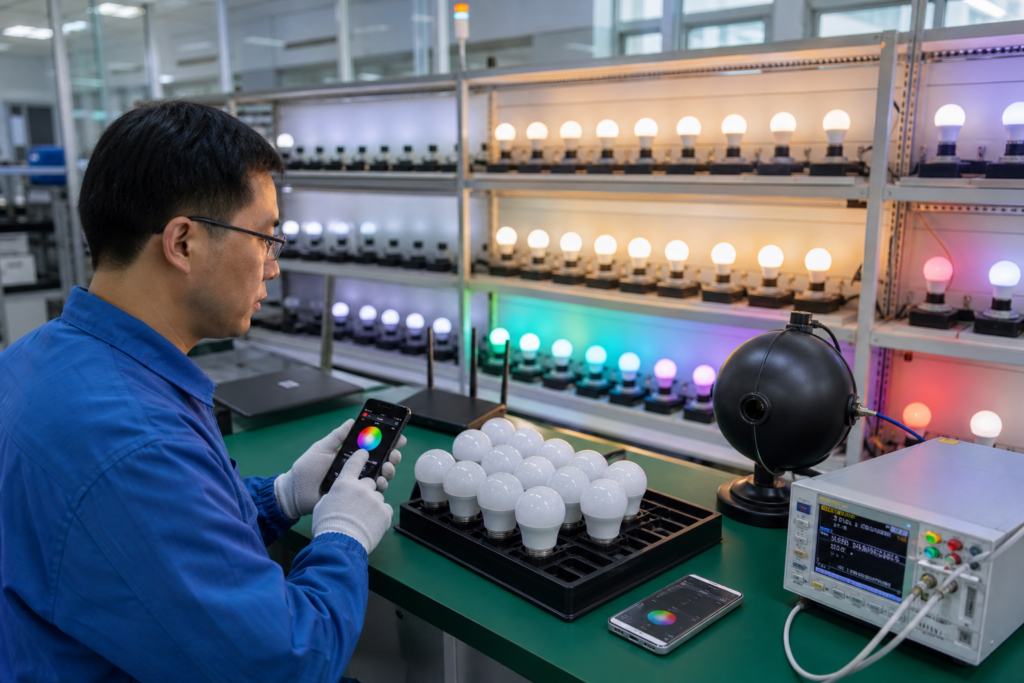 Smart bulb quality testing for pairing, firmware and electrical performance