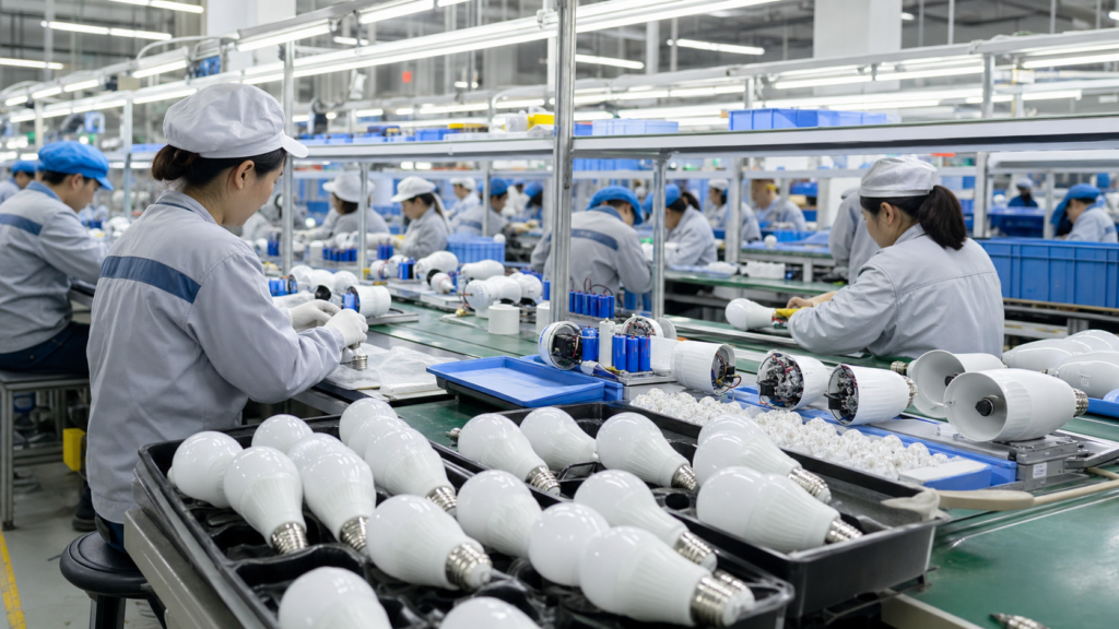 Rechargeable LED emergency bulb production at MoreBulb factory