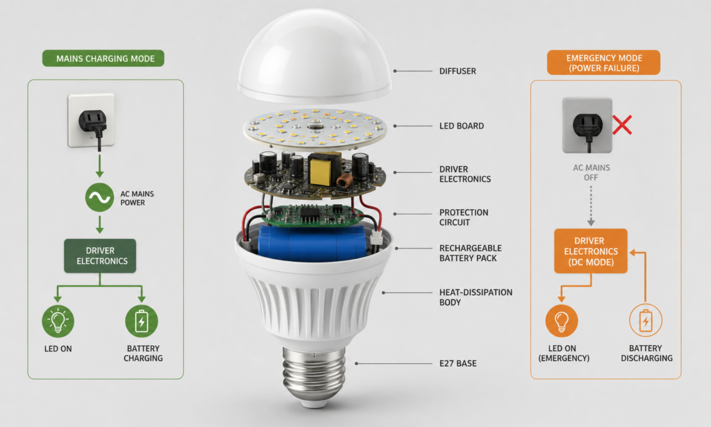 Rechargeable emergency bulb charging and backup-light structure