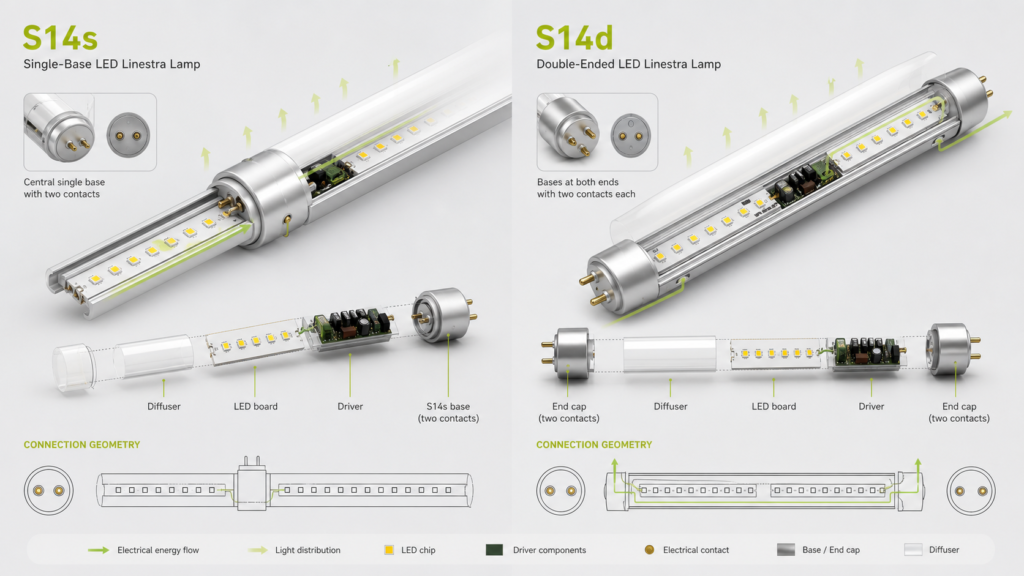 S14s and S14d Linestra lamp structure and light distribution