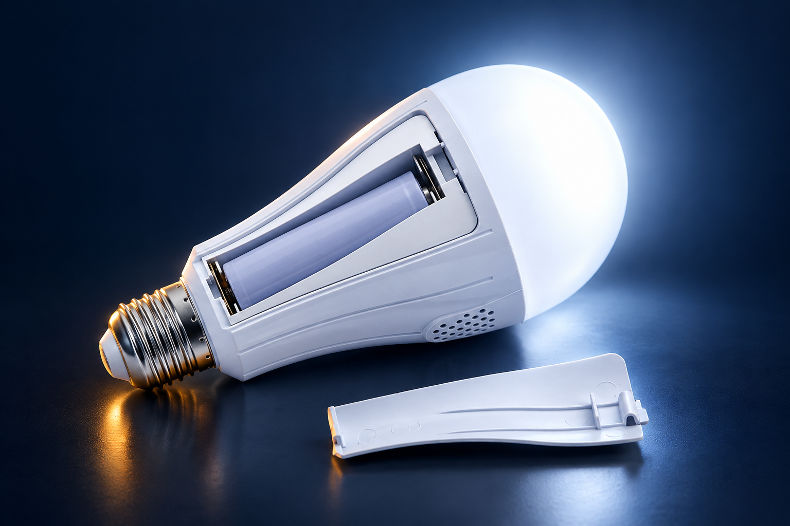 Rechargeable emergency LED bulb with illuminated dome and open battery compartment