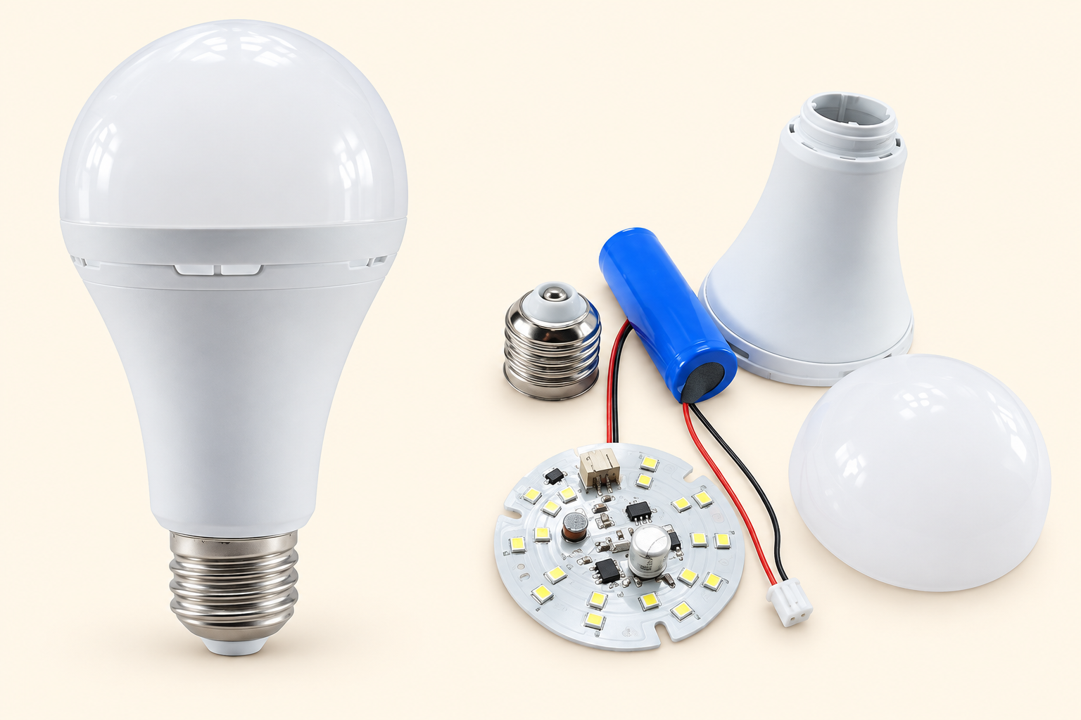 Emergency LED bulb shown with its battery, LED board, screw base, housing and diffuser